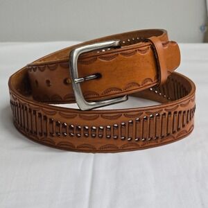 Mens Leather Belt 36 Brown Tooled Cutout Western Pattern Genuine Leather